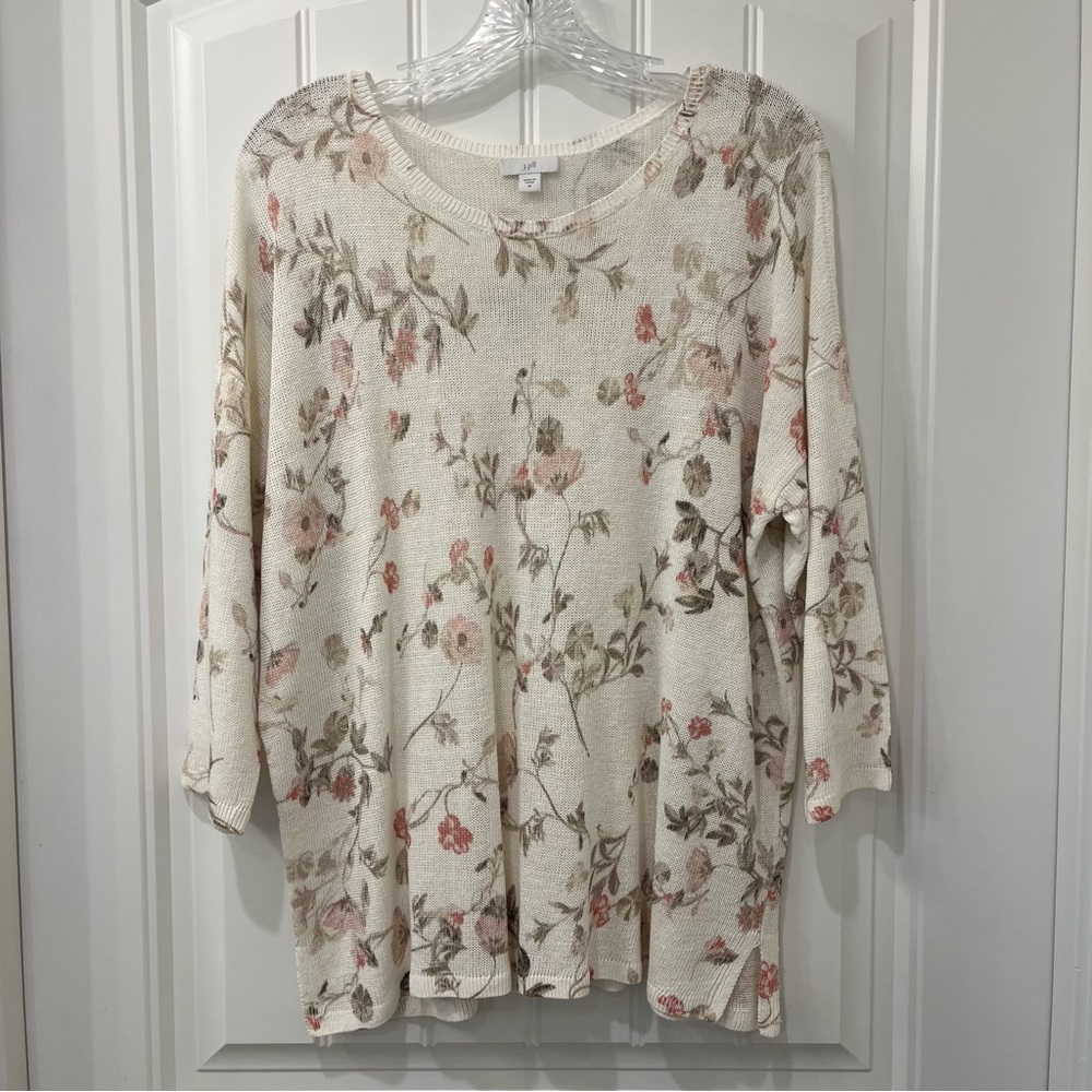 J. Jill Women’s Floral Lightweight Knit Sweater Drop-Shoulder 3/4 Sleeve Size M